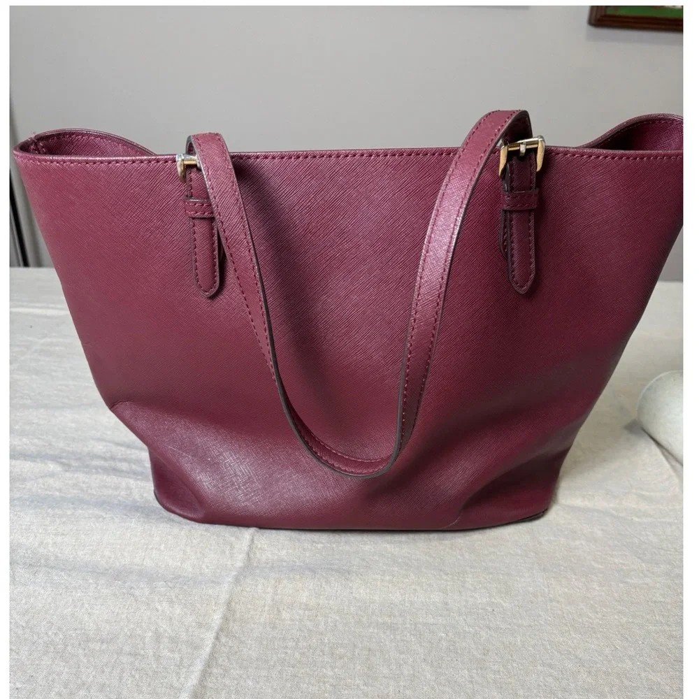 Michael Kors Tote Bag Medium Burgundy Saffiano Leather Front Pocket Shoulder Bag